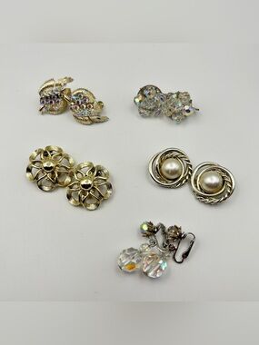 Vintage Coro Gold Tone AB Rhinestone Clip On Earrings Lot of 5 Pairs